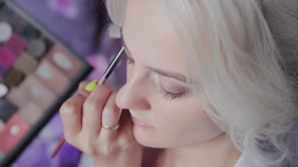 Blonde girl do professional makeup. — Stock Video