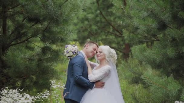 Mycket vacker brud och brudgum hålla händer och kram i skogen. — Stockvideo