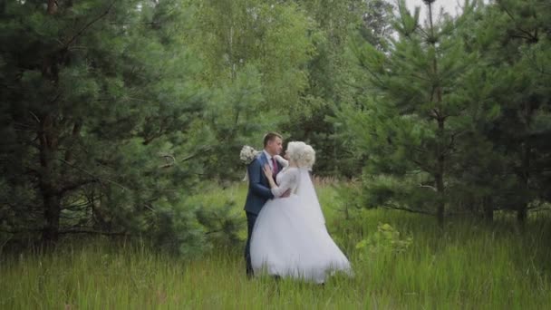 Zeer mooie bruid en bruidegom houden handen en knuffel in het bos. — Stockvideo