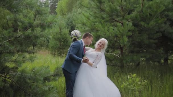 Zeer mooie bruid en bruidegom houden handen en knuffel in het bos. — Stockvideo