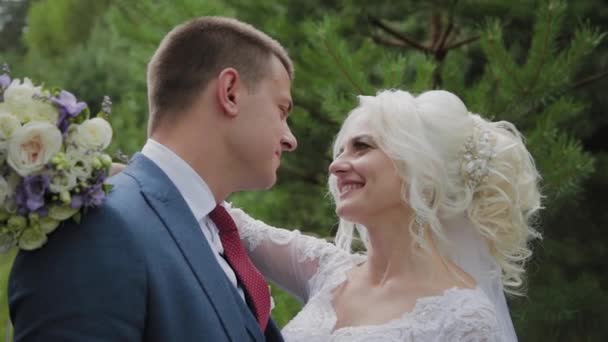 Very beautiful bride and groom hold hands and hug in the forest. — Stock Video