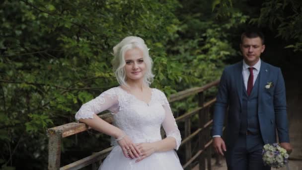 Bela noiva e noivo em uma velha ponte de ferro na floresta. Groom acaricia sua amada . — Vídeo de Stock