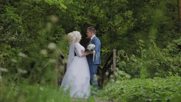 Beautiful bride and groom on an old iron bridge in the forest. Groom caresses his beloved. — Stock Video