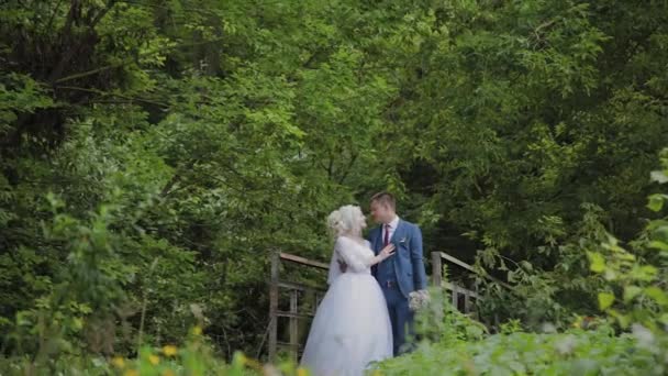 Όμορφη νύφη και γαμπρός σε μια παλιά σιδερένια γέφυρα στο δάσος. Ο γαμπρός χαϊδεύει την αγαπημένη του. — Αρχείο Βίντεο