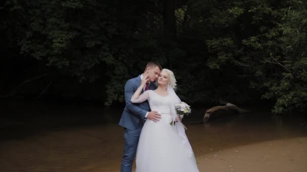 Hermoso novio y novia rubia por el arroyo en el bosque . — Vídeos de Stock