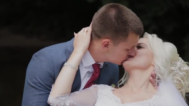 Beautiful groom and blonde bride by the creek in the forest. — Stock Video