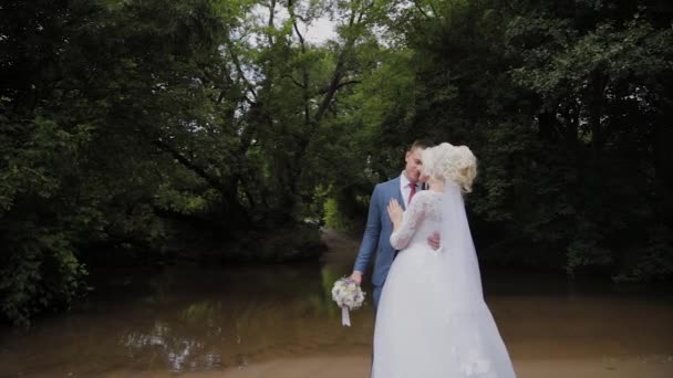 Bellissimo sposo e sposa bionda vicino al torrente nella foresta . — Video Stock