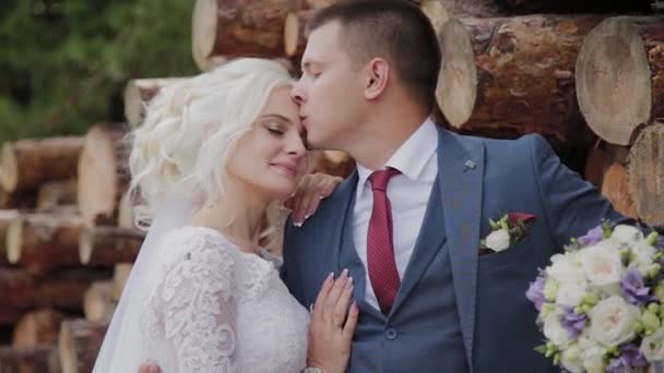 Красивий наречений і блондинка за колодами в лісі обіймає і цілує . — стокове відео