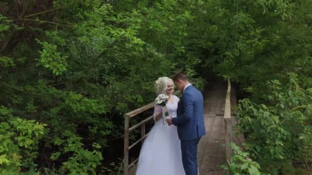Schöne Brautpaar auf einer alten eisernen Brücke im Wald. Bräutigam streichelt seine Geliebte. — Stockvideo