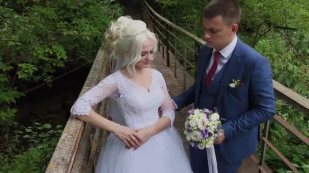 Belle mariée et marié sur un vieux pont de fer dans la forêt. Groom caresse sa bien-aimée . — Video