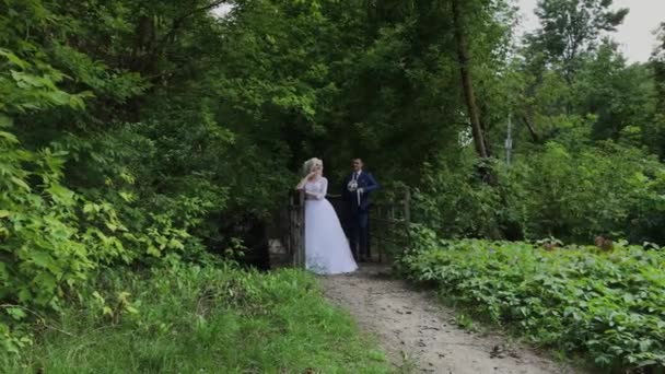 Mooie bruid en bruidegom op een oude ijzeren brug in het bos. Bruidegom streelt zijn geliefde. — Stockvideo