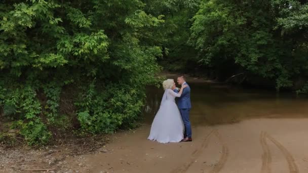 Hermoso novio y novia rubia por el arroyo en el bosque . — Vídeo de stock