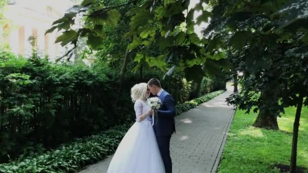 Happy newlyweds walk in the park holding hand, hug kiss. — Stock Video