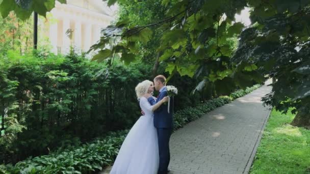 Feliz recién casados caminan en el parque tomados de la mano, abrazos beso . — Vídeos de Stock