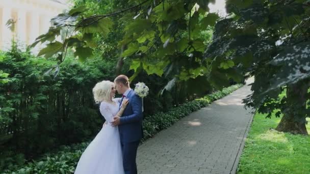 Happy nygifta promenad i parken hålla hand, kram kyss. — Stockvideo