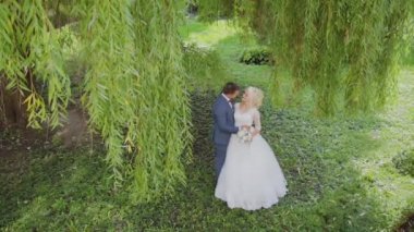 Mutlu yeni evliler parkta öpücük sarılmak.