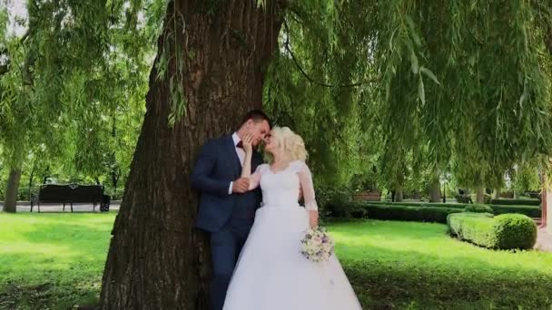 Happy newlyweds hug kiss in park. — Stock Video