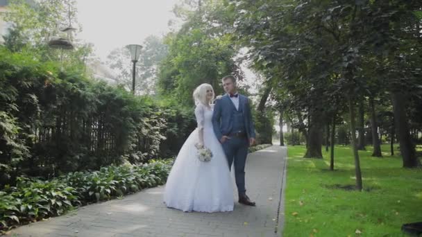 Happy newlyweds walk in the park holding hand, hug kiss. — Stock Video