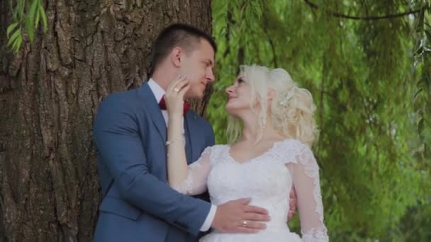 Šťastný novomanželé obejměte polibek v parku. — Stock video