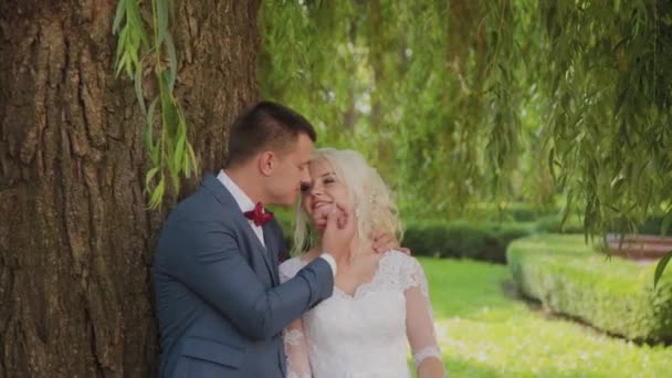 Glad nygifta kram kyss i parken. — Stockvideo