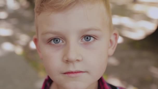 Belo retrato de um menino no parque . — Vídeo de Stock