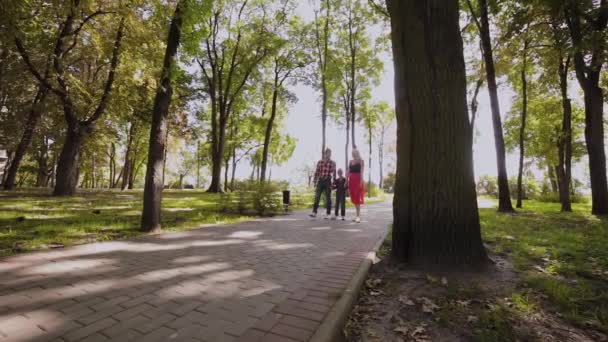 Happy young family walks in the park along the alley. — Stock Video