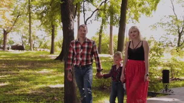 Gelukkig jonge familie wandelingen in het park langs de steeg. — Stockvideo