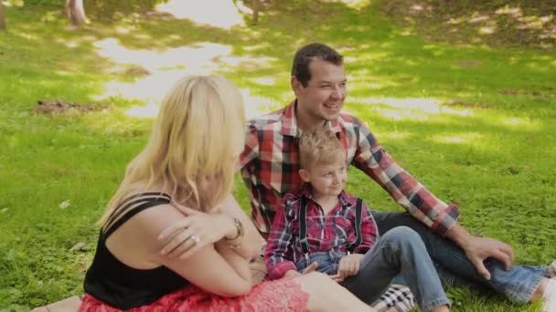 Mooie gelukkige familie op een picknick op een zonnige dag. — Stockvideo