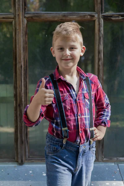 Gyönyörű fiú 7 éves áll a parkban. — Stock Fotó