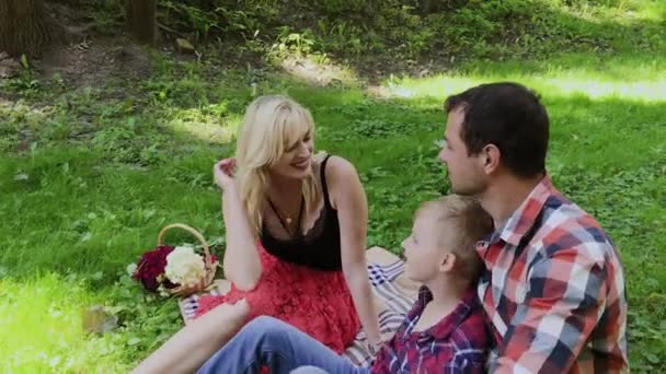 Όμορφη ευτυχισμένη οικογένεια σε ένα πικ-νικ σε μια ηλιόλουστη μέρα. — Αρχείο Βίντεο