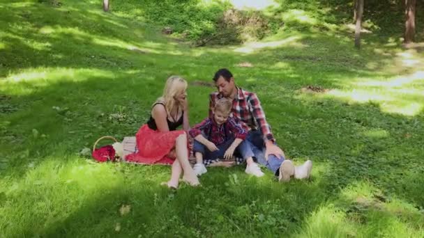 Mooie gelukkige familie op een picknick op een zonnige dag. — Stockvideo