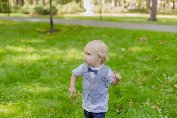 Glücklicher kleiner Junge auf einem grünen Rasen in einem Park. — Stockfoto