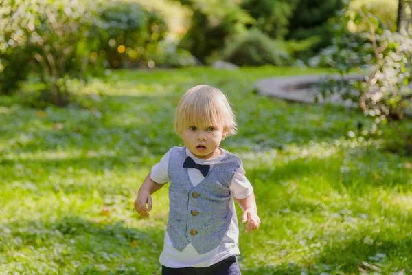 Boldog kisfiú a zöld gyepen a parkban. — Stock Fotó