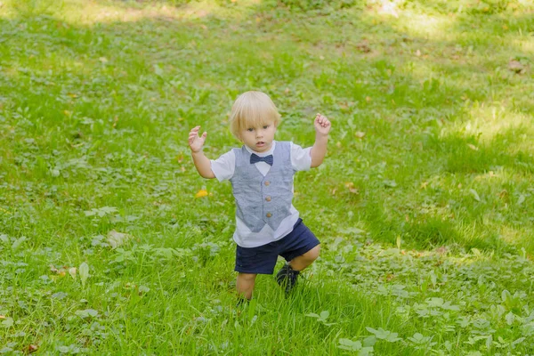 Boldog kisfiú a zöld gyepen a parkban. — Stock Fotó