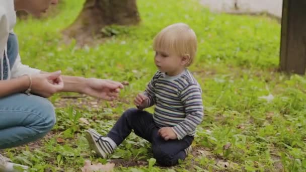 Feliz madre con su hijo juega en la hierba . — Vídeo de stock