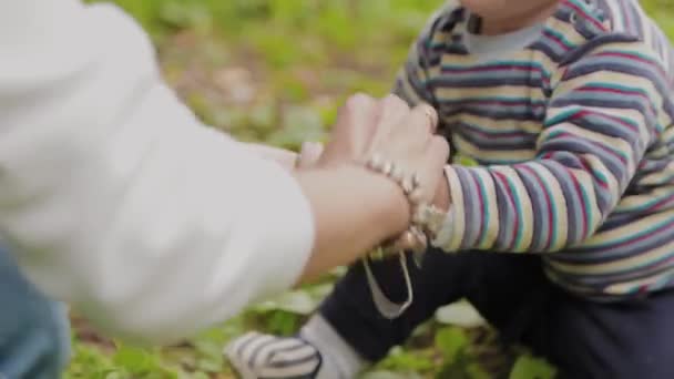 Feliz madre con su hijo juega en la hierba . — Vídeos de Stock