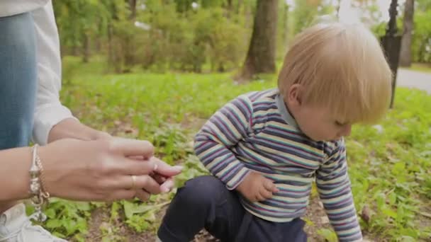 Feliz madre con su hijo juega en la hierba . — Vídeos de Stock