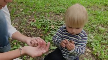 Mutlu anne oğluyla çimenlerde oynuyor..