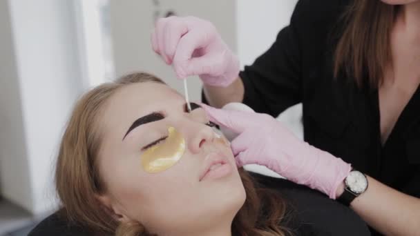 Professional makeup artist removes eyebrow paint to client. — Stock Video