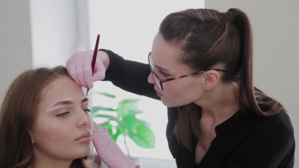Επαγγελματική makeup καλλιτέχνης κάνει φρύδι markup για την πελάτισσα κορίτσι. — Αρχείο Βίντεο