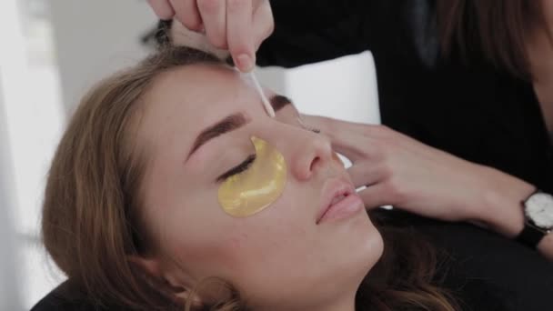Professionell makeup artist tar bort ögonbrynsfärg till kunden. — Stockvideo
