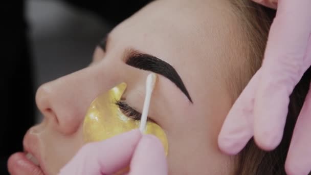 Profi-Make-up-Artist entfernt Augenbrauenfarbe an Kundin. — Stockvideo