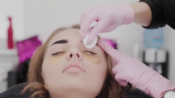 Artista de maquillaje profesional elimina la pintura de cejas al cliente . — Vídeo de stock