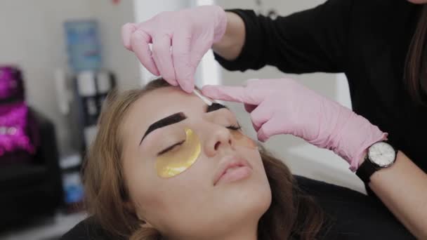 Artista de maquillaje profesional arrancando cejas para el cliente en el salón de belleza . — Vídeo de stock