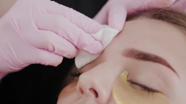 Artista de maquillaje profesional elimina la pintura de cejas al cliente . — Vídeo de stock