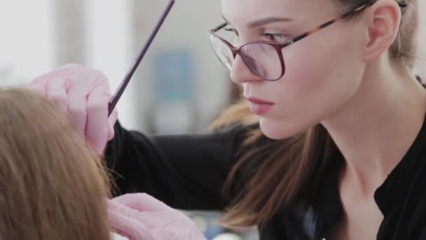 Profesjonalny makijaż maluje brwi do klienta henną. — Wideo stockowe