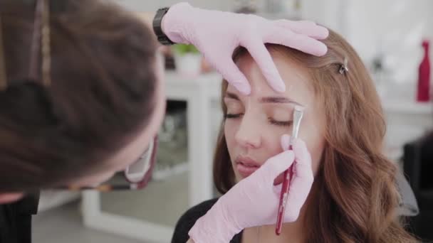 Maquilleur professionnel ne marquage des sourcils pour la fille cliente . — Video