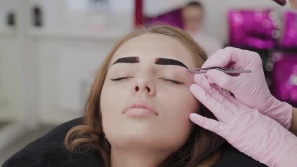 Professional makeup artist plucking eyebrows for client in beauty salon. — Stock Video