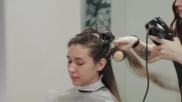 Friseurmädchen trocknet dem Kunden beim Friseur mit Haartrockner die Haare. — Stockvideo