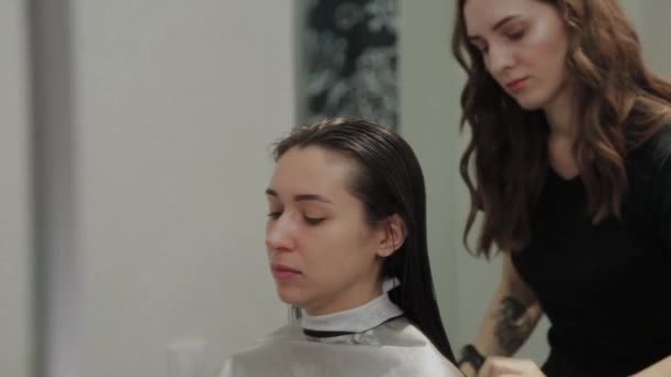 顧客に濡れた髪を持って来る女の子の美容師. — ストック動画